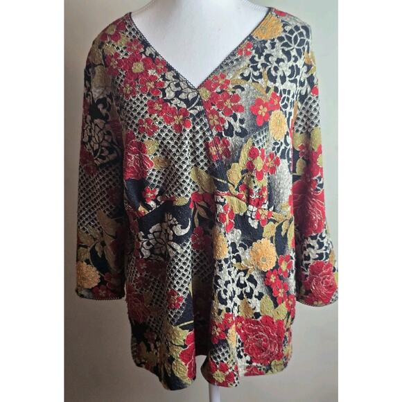 EAST 5TH Blouse Size 1XL Black, Gold, Red Floral Print 5% Spandex Long Sleeve - Picture 1 of 6